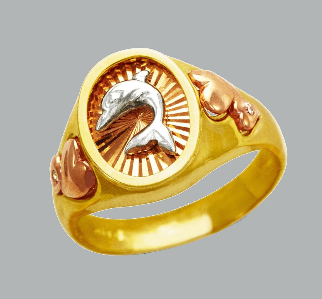 NEW 14K TRI COLOR GOLD LADIES FANCY CZ RING DOLPHIN (1 of 1)