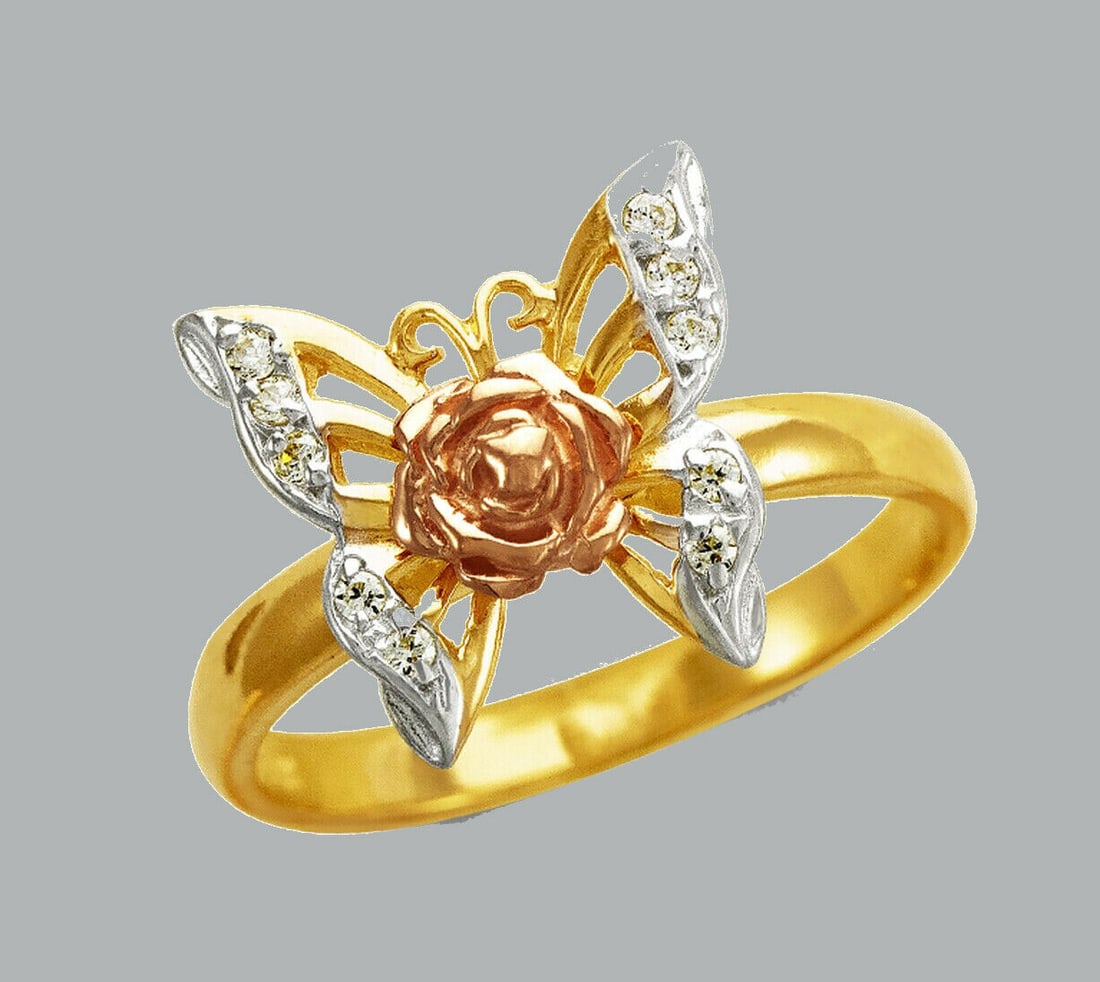 NEW 14K TRI COLOR GOLD LADIES FANCY CZ RING BUTTERFLY: NEW 14K TRI COLOR GOLD CZ RING New 14K Tri color solid gold ring Ring size 7 Measures 13mm wide in front Cubic Zirconia Polished Finish Apx Weight: 3g