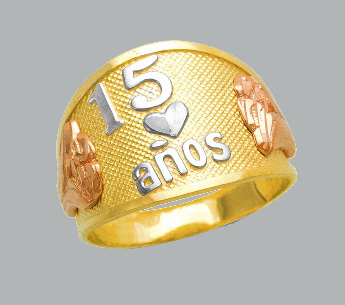 NEW 14K TRI COLOR GOLD LADIES FANCY RING 15 ANOS: NEW 14K TRI COLOR GOLD RING New 14K Tri color solid gold ring Ring size 7 Measures 15mm wide on top Polished Apx Weight: 3.8g