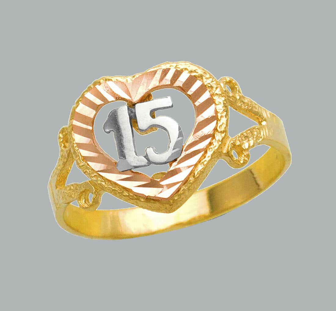 NEW 14K TRI COLOR GOLD LADIES FANCY RING 15 ANOS HEART: NEW 14K TRI COLOR GOLD RING New 14K Tri color solid gold ring Ring size 7 Measures 12mm wide on top Polished Apx Weight: 2.7g