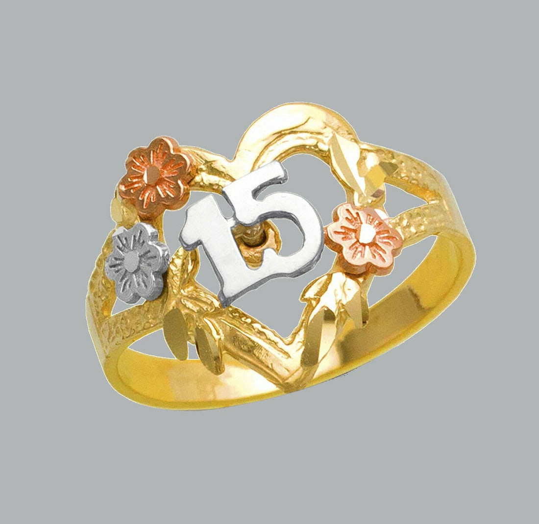 NEW 14K TRI COLOR GOLD LADIES FANCY RING 15 ANOS HEART: NEW 14K TRI COLOR GOLD RING New 14K Tri color solid gold ring Ring size 7 Measures 14mm wide on top Polished Apx Weight: 2.2g
