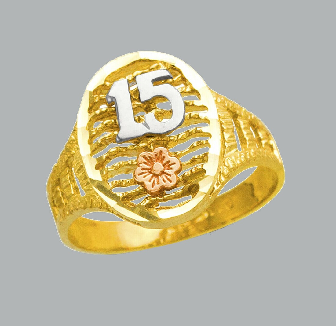 NEW 14K TRI COLOR GOLD LADIES FANCY RING 15 ANOS: NEW 14K TRI COLOR GOLD RING New 14K Tri color solid gold ring Ring size 7 Measures 15mm wide on top Polished Apx Weight: 3.3g
