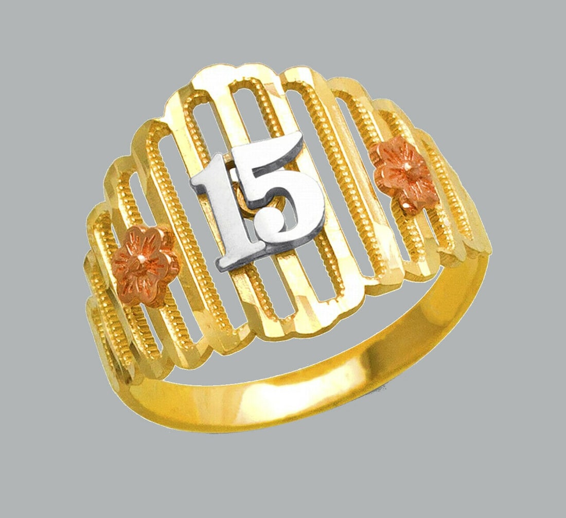 NEW 14K TRI COLOR GOLD LADIES FANCY RING 15 ANOS: NEW 14K TRI COLOR GOLD RING New 14K Tri color solid gold ring Ring size 7 Measures 15mm wide on top Polished Apx Weight: 2.1g
