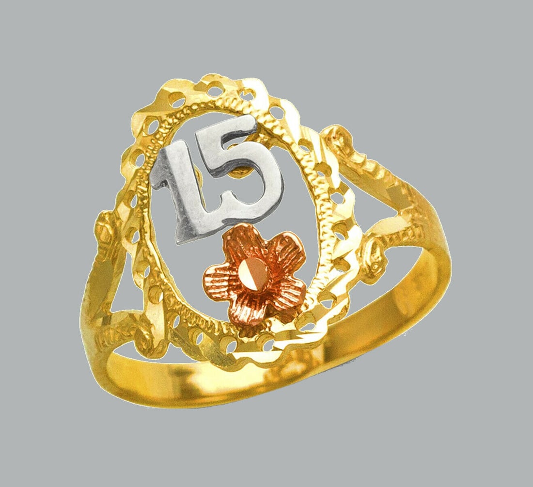 NEW 14K TRI COLOR GOLD LADIES FANCY RING 15 ANOS: NEW 14K TRI COLOR GOLD RING New 14K Tri color solid gold ring Ring size 7 Measures 16mm wide on top Polished Apx Weight: 2.3g