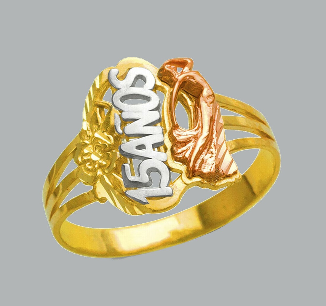 NEW 14K TRI COLOR GOLD LADIES FANCY RING 15 ANOS LADY: NEW 14K TRI COLOR GOLD RING New 14K Tri color solid gold ring Ring size 7 Measures 14mm wide in front Polished Finish Apx Weight: 2.4g