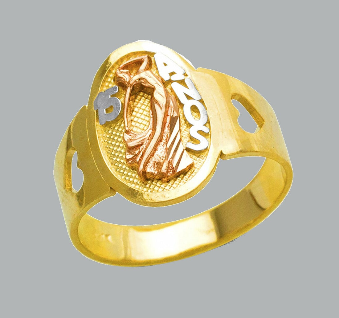 NEW 14K TRI COLOR GOLD LADIES FANCY RING 15 ANOS LADY: NEW 14K TRI COLOR GOLD RING New 14K Tri color solid gold ring Ring size 7 Measures 16mm wide in front Polished Finish Apx Weight: 3.4g