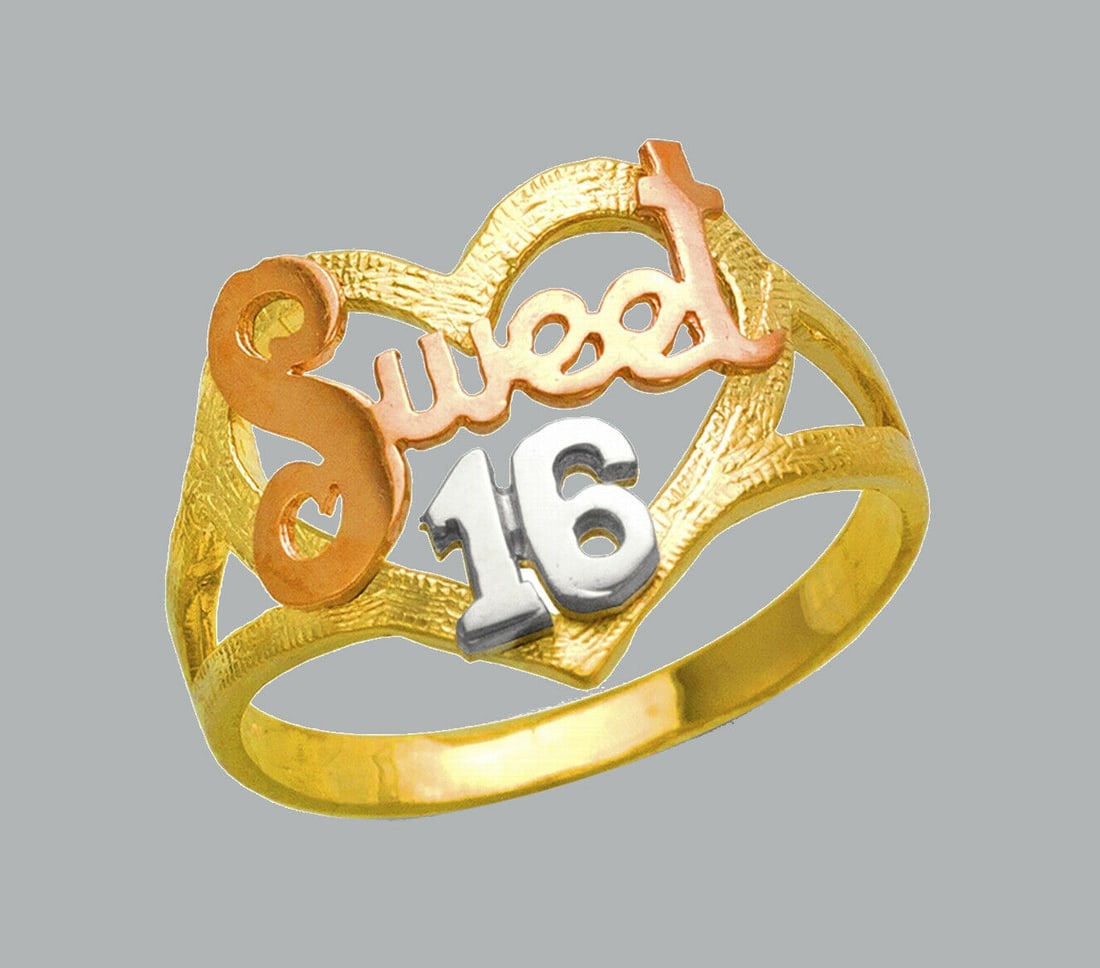NEW 14K TRI COLOR GOLD LADIES FANCY RING SWEET 16 HEART: NEW 14K TRI COLOR GOLD RING New 14K Tri color solid gold ring Ring size 7 Measures 14mm wide in front Polished Finish Apx Weight: 2.6g