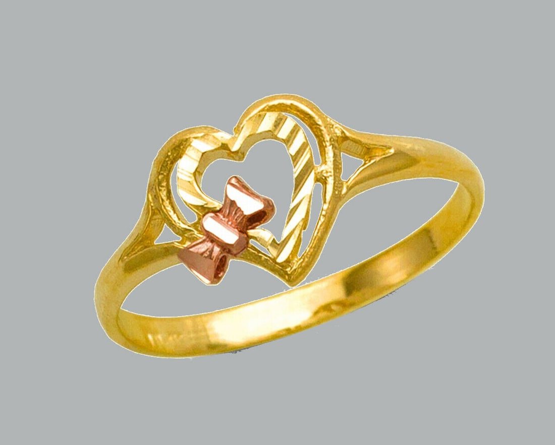 NEW 14K TWO TONE GOLD LADIES FANCY RING HEART BOW (1 of 1)