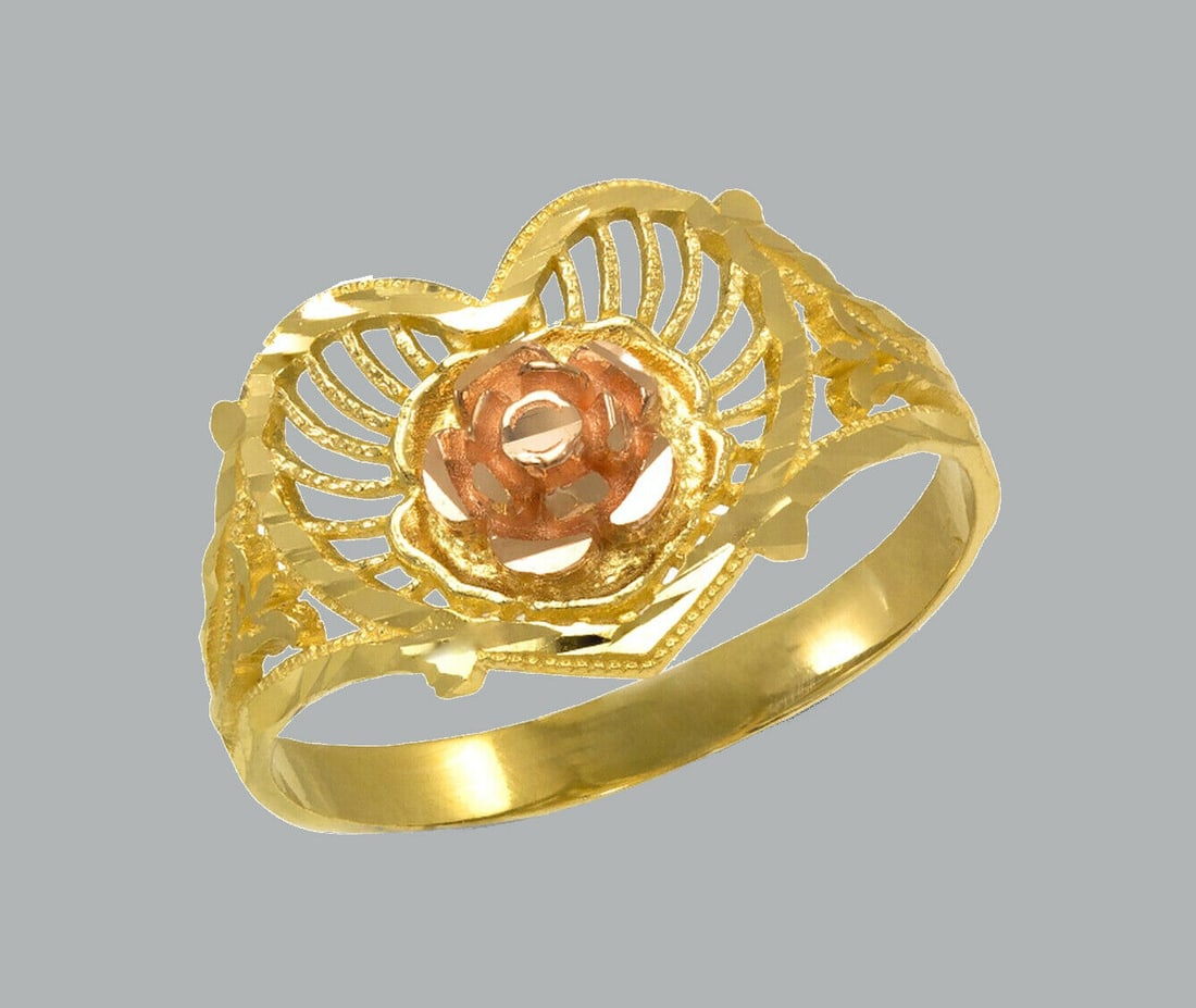 NEW 14K TWO TONE GOLD LADIES FANCY RING HEART FLOWER (1 of 1)