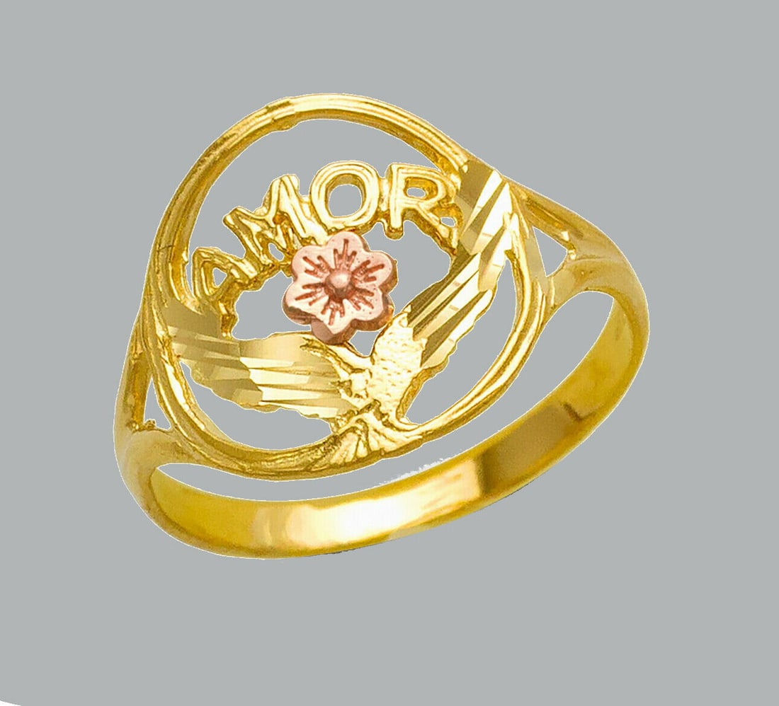 NEW 14K TWO TONE GOLD LADIES FANCY RING FLOWER AMOR: NEW 14K TWO TONE GOLD RING New 14K Two tone solid gold ring Ring size 7 Measures 14mm wide in front Diamond cut Polished Finish Apx Weight: 1.6g