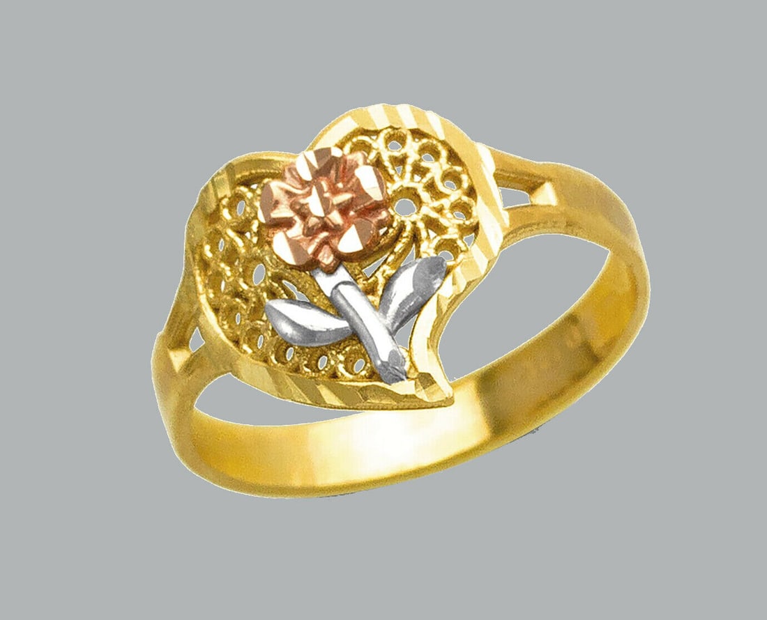 NEW 14K TRI COLOR GOLD LADIES FANCY RING FLOWER HEART (1 of 1)