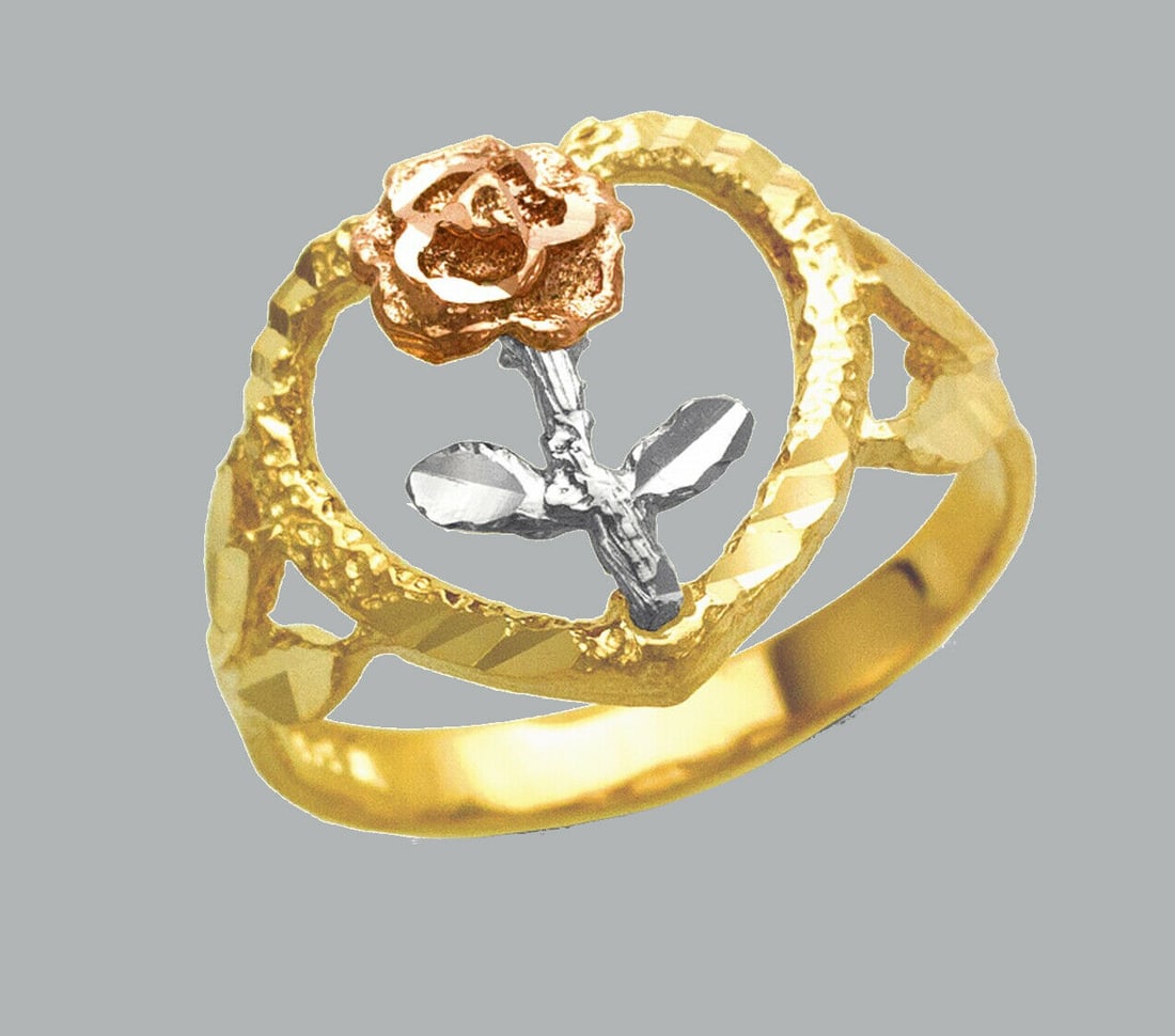 NEW 14K TRI COLOR GOLD LADIES FANCY RING FLOWER HEART (1 of 1)