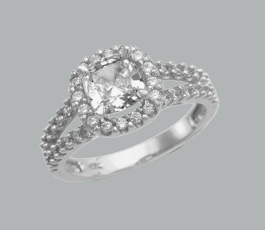 14K WHITE GOLD LADIES ENGAGEMENT RING CUSHION HALO: NEW 14K WHITE GOLD CZ RING New 14K White solid gold ring Ring size 7 Measures 10mm wide Cubic Zirconia Polished Finish Apx Weight: 4g