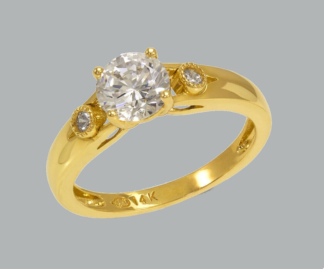 NEW 14K YELLOW GOLD LADIES FANCY ENGAGEMENT RING: NEW 14K YELLOW GOLD CZ RING New 14K Yellow solid gold ring Ring size 7 Measures 6mm wide Cubic Zirconia Polished Finish Apx Weight: 3g