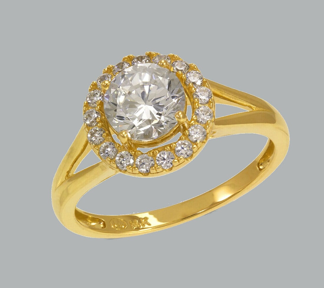 NEW 14K YELLOW GOLD LADIES FANCY ENGAGEMENT RING HALO: NEW 14K YELLOW GOLD CZ RING New 14K Yellow solid gold ring Ring size 7 Measures 10mm wide Cubic Zirconia Polished Finish Apx Weight: 3.1g