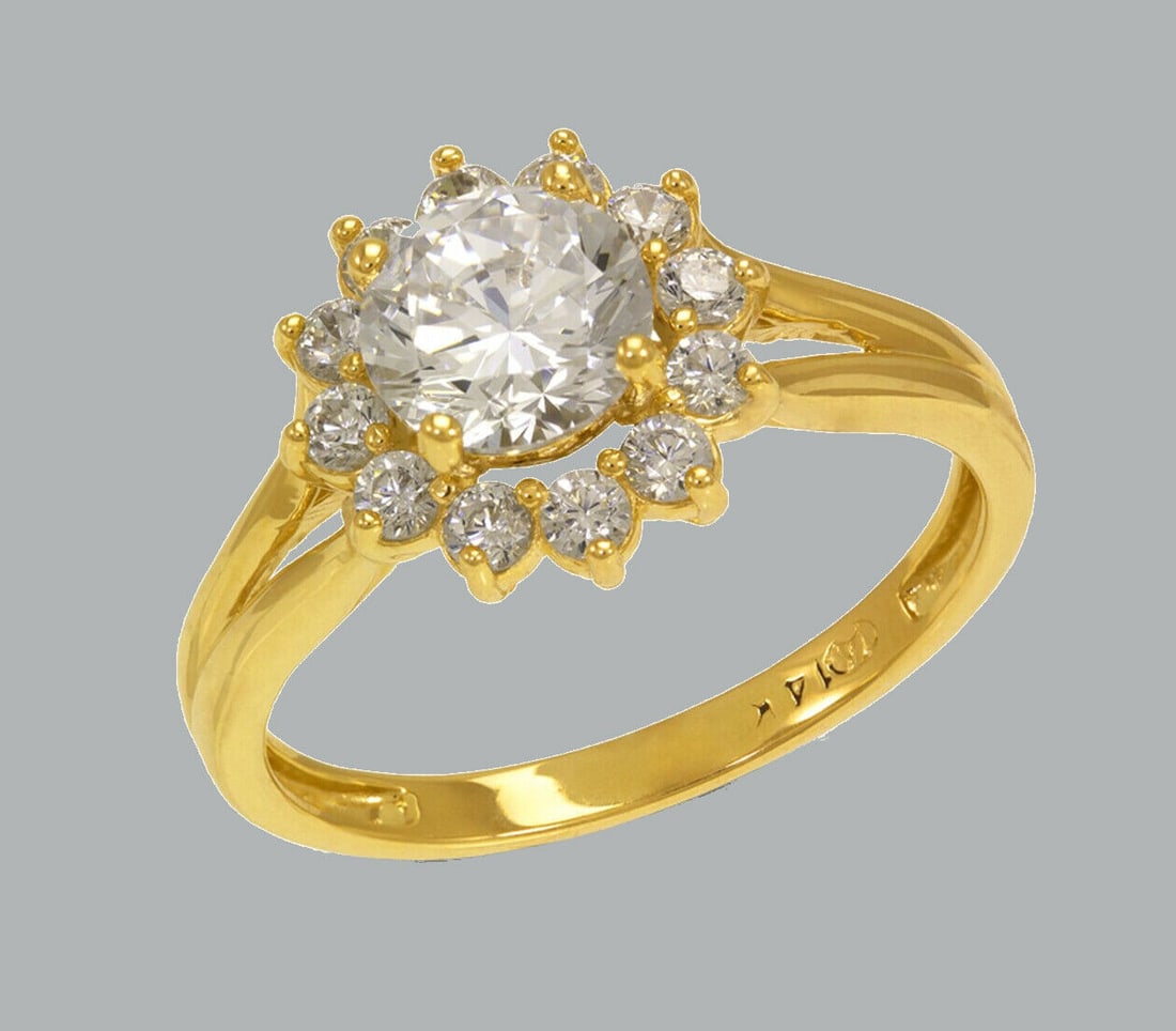 NEW 14K YELLOW GOLD LADIES ENGAGEMENT RING FLOWER HALO: NEW 14K YELLOW GOLD CZ RING New 14K Yellow solid gold ring Ring size 7 Measures 12mm wide Cubic Zirconia Polished Finish Apx Weight: 3g