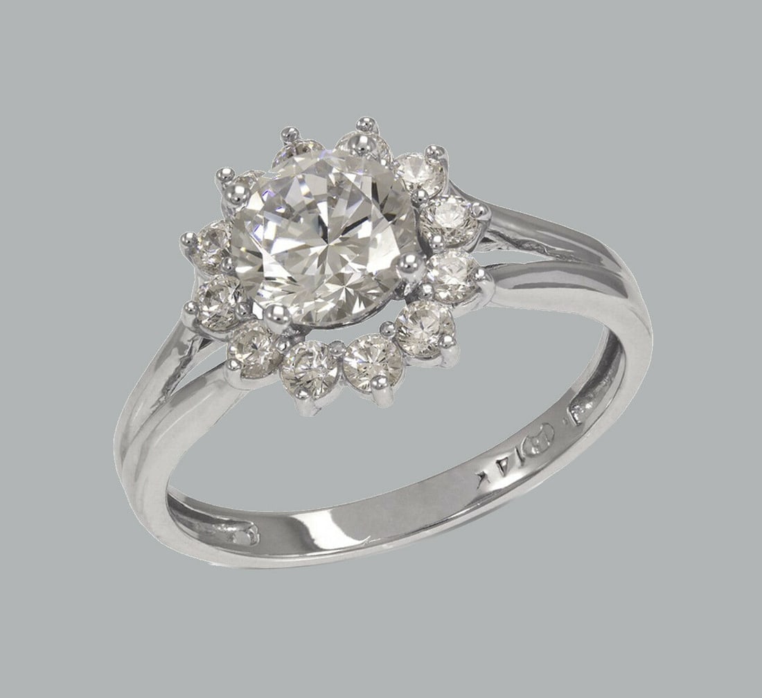 NEW 14K WHITE GOLD LADIES ENGAGEMENT RING FLOWER HALO: NEW 14K WHITE GOLD CZ RING New 14K White solid gold ring Ring size 7 Measures 12mm wide Cubic Zirconia Polished Finish Apx Weight: 3g