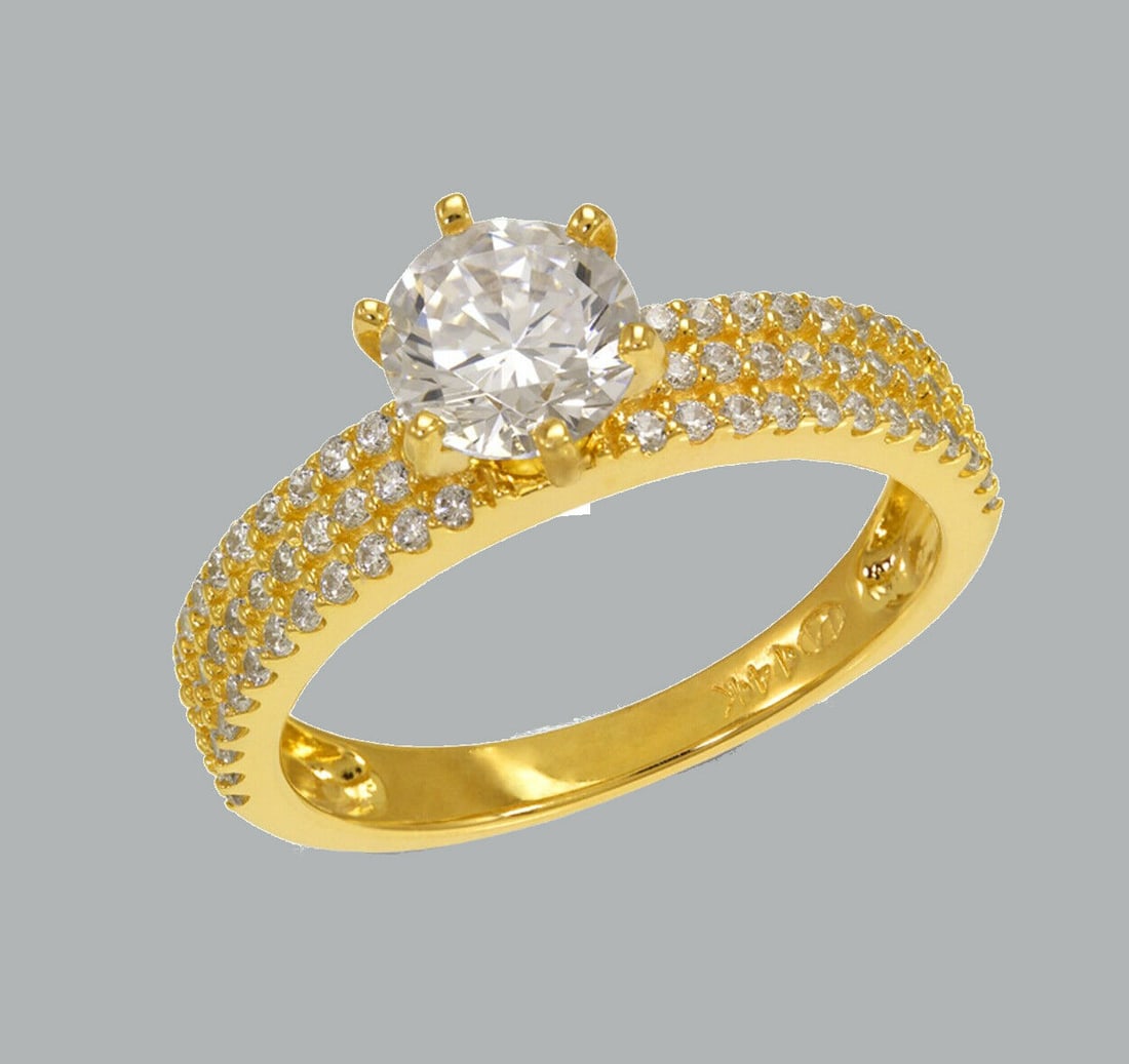 NEW 14K YELLOW GOLD LADIES FANCY ENGAGEMENT RING 3 ROW: NEW 14K YELLOW GOLD CZ RING New 14K Yellow solid gold ring Ring size 7 Measures 7mm wide on top Cubic Zirconia Polished Finish Apx Weight: 3.3g