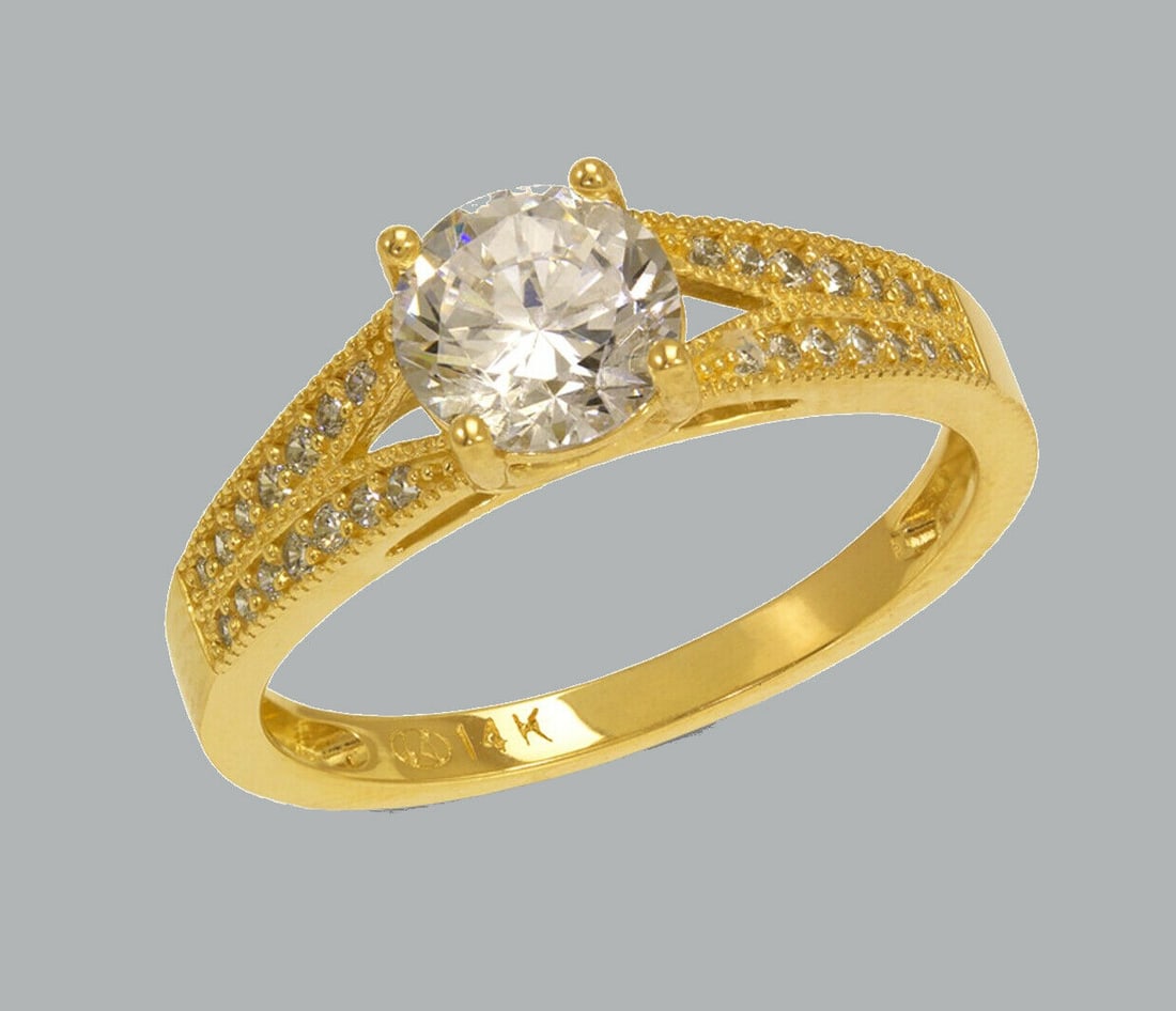 NEW 14K YELLOW GOLD LADIES FANCY ENGAGEMENT RING: NEW 14K YELLOW GOLD CZ RING New 14K Yellow solid gold ring Ring size 7 Measures 6mm wide on top Cubic Zirconia Polished Finish Apx Weight: 2.7g