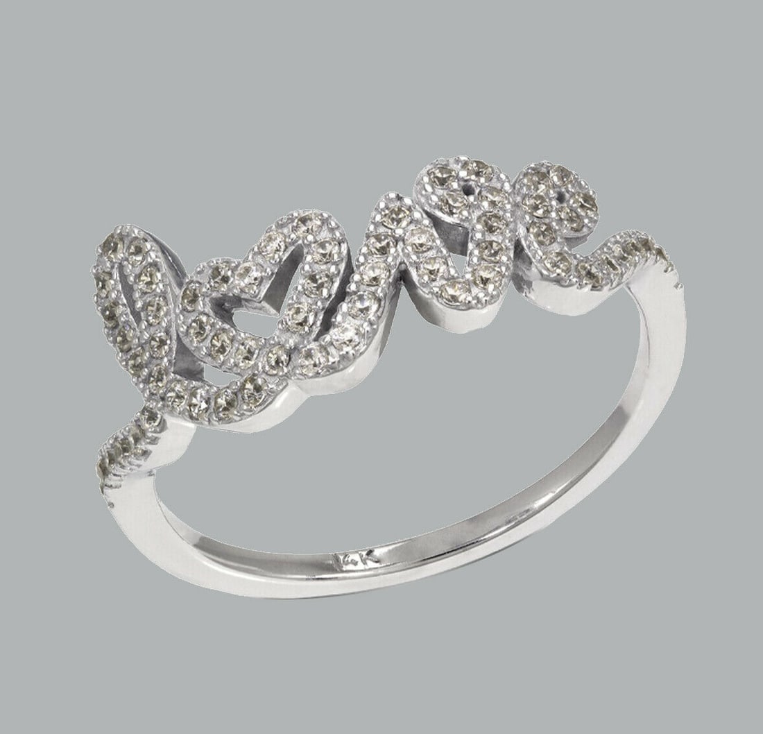 NEW 14K WHITE GOLD LADIES FANCY CZ RING LOVE (1 of 1)
