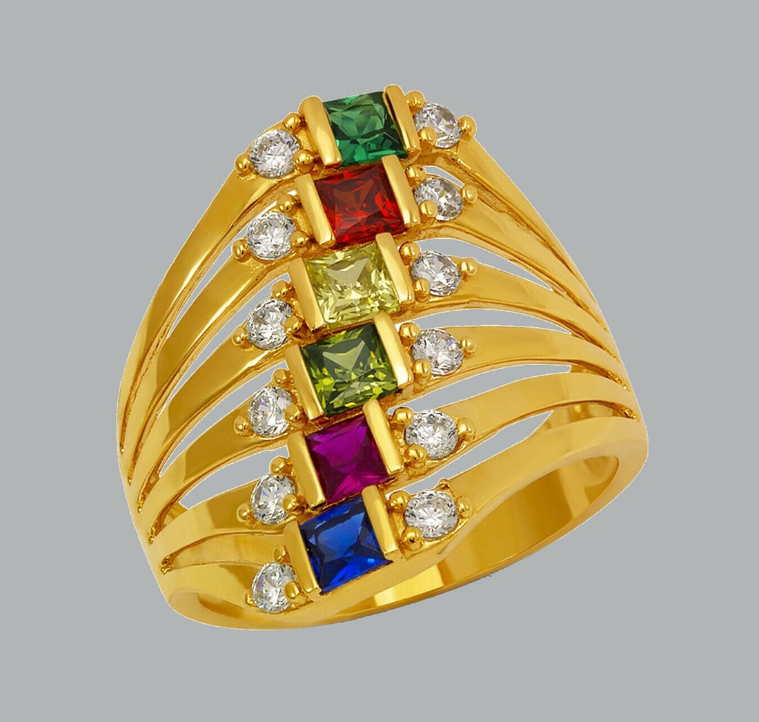 NEW 14K YELLOW GOLD LADIES FANCY COLORED CZ RING 6 ROW (1 of 1)