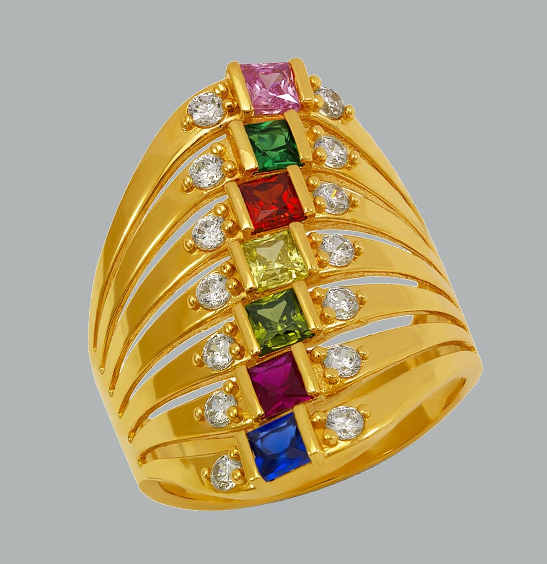 NEW 14K YELLOW GOLD LADIES FANCY COLORED CZ RING 7 ROW (1 of 1)