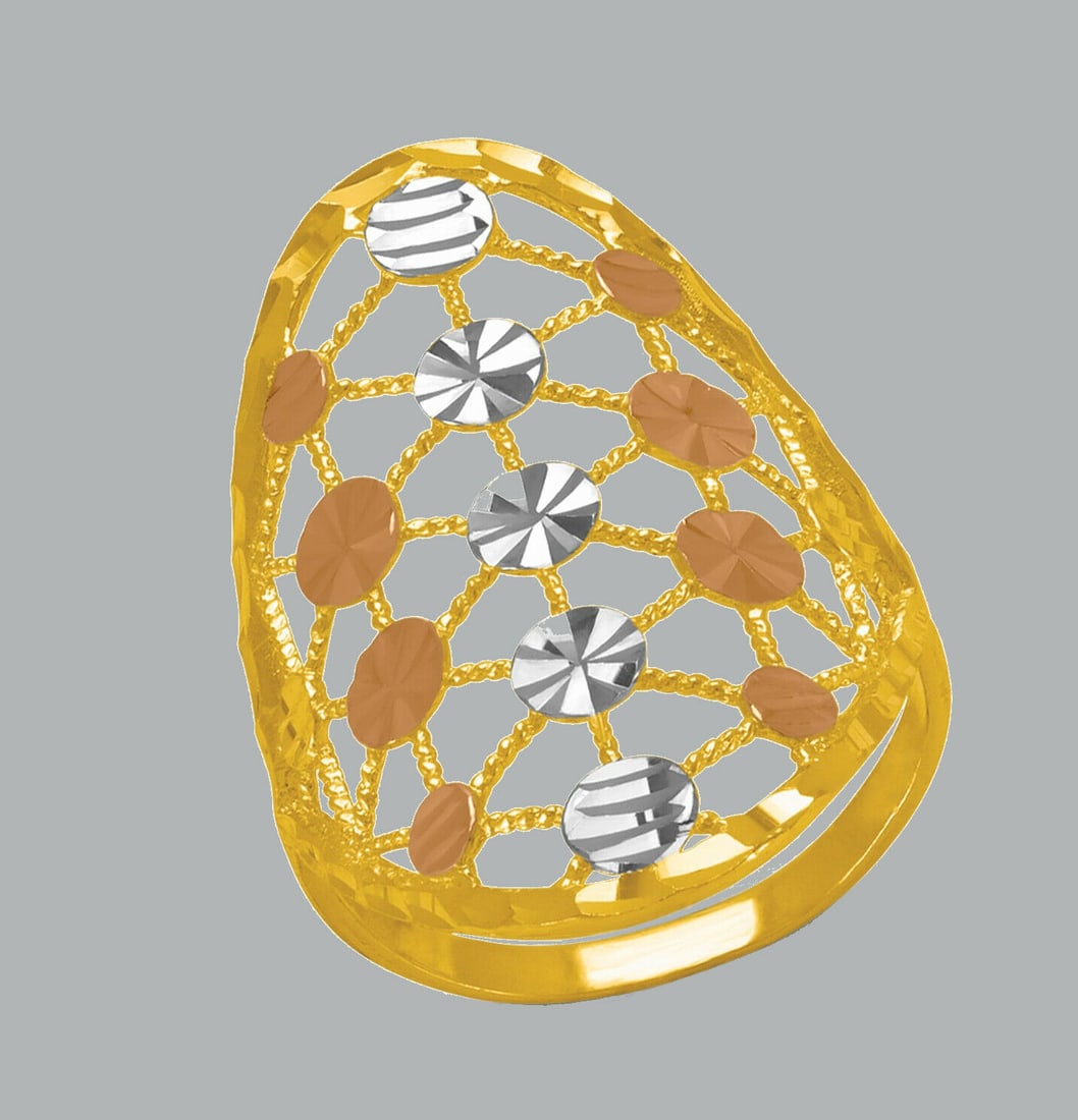 NEW 14K TRI COLOR GOLD LADIES FANCY RING COCKTAIL: NEW 14K TRI COLOR GOLD RING New 14K Tri color solid gold ring Ring size 7 Measures 29mm wide in front Polished Finish Apx Weight: 2.3g