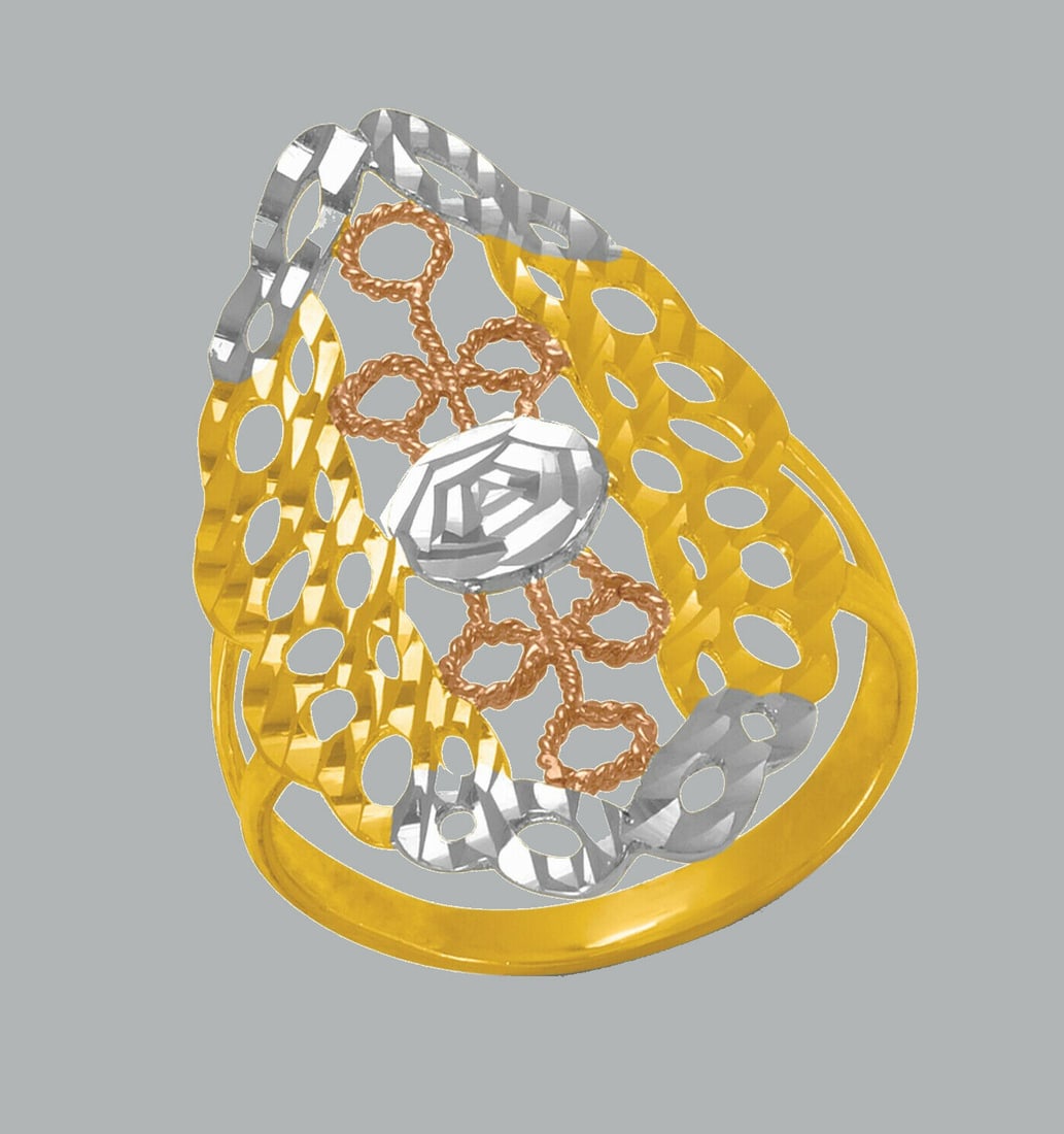 NEW 14K TRI COLOR GOLD LADIES FANCY RING COCKTAIL: NEW 14K TRI COLOR GOLD RING New 14K Tri color solid gold ring Ring size 7 Measures 31mm wide in front Polished Finish Apx Weight: 2.5g