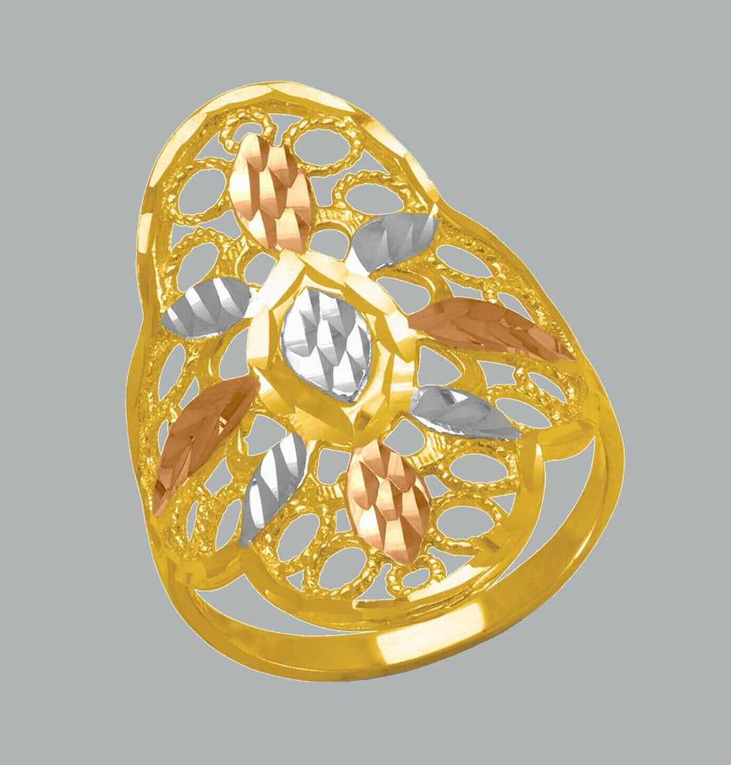 NEW 14K TRI COLOR GOLD LADIES FANCY RING COCKTAIL: NEW 14K TRI COLOR GOLD RING New 14K Tri color solid gold ring Ring size 7 Measures 29mm wide in front Polished Finish Apx Weight: 2.7g