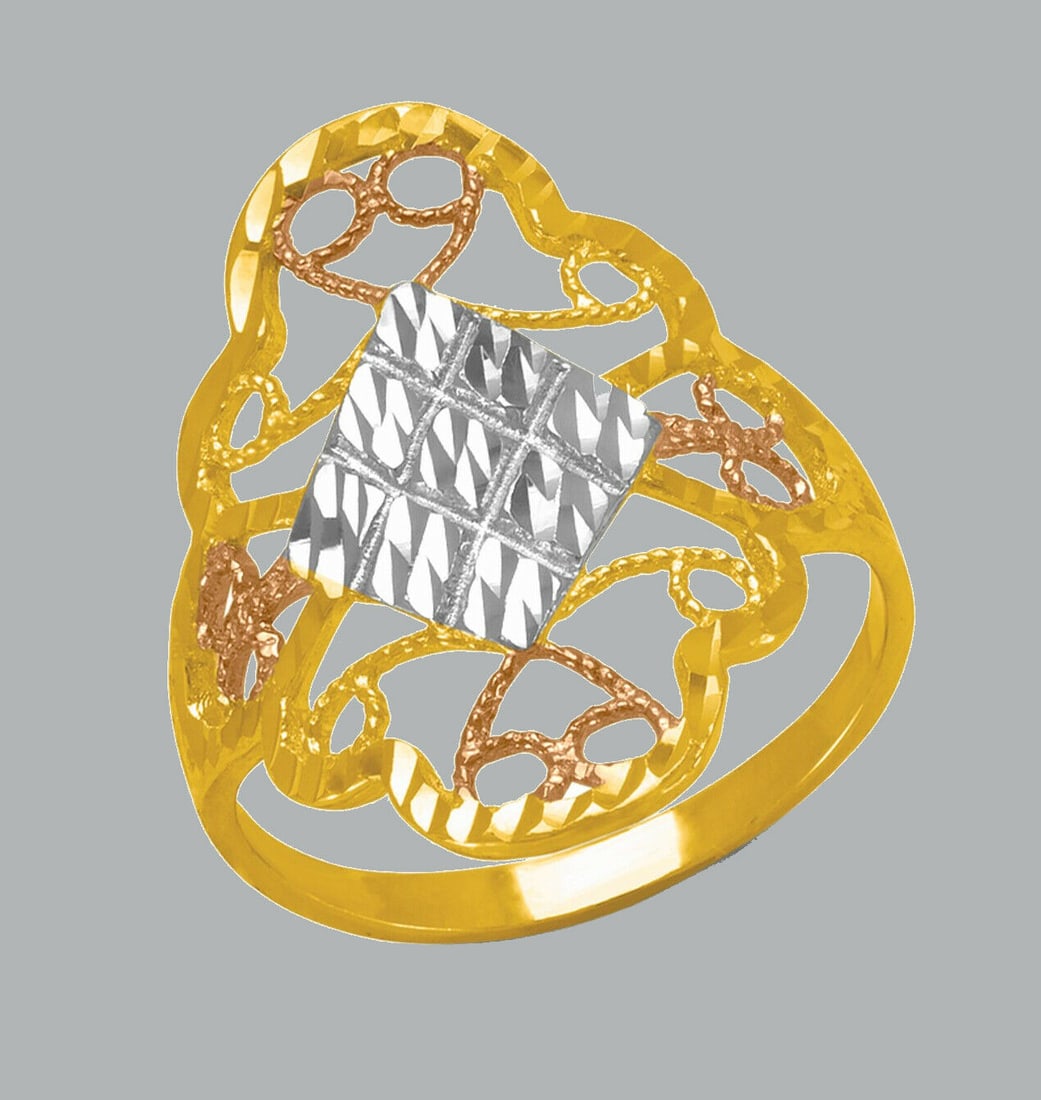 NEW 14K TRI COLOR GOLD LADIES FANCY RING COCKTAIL: NEW 14K TRI COLOR GOLD RING New 14K Tri color solid gold ring Ring size 7 Measures 24mm wide in front Polished Finish Apx Weight: 2.1g