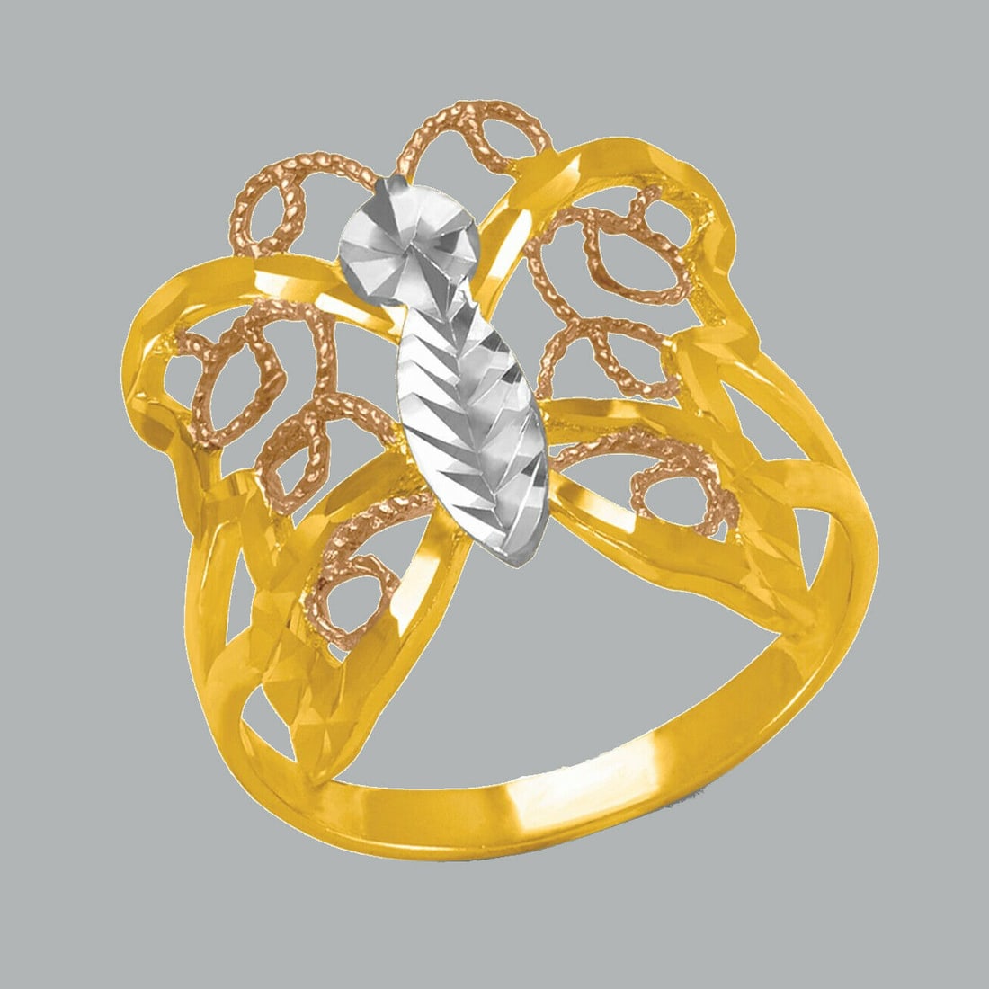 14K TRI COLOR GOLD LADIES FANCY RING COCKTAIL BUTTERFLY: NEW 14K TRI COLOR GOLD RING New 14K Tri color solid gold ring Ring size 7 Measures 18mm wide in front Polished Finish Apx Weight: 2.1g