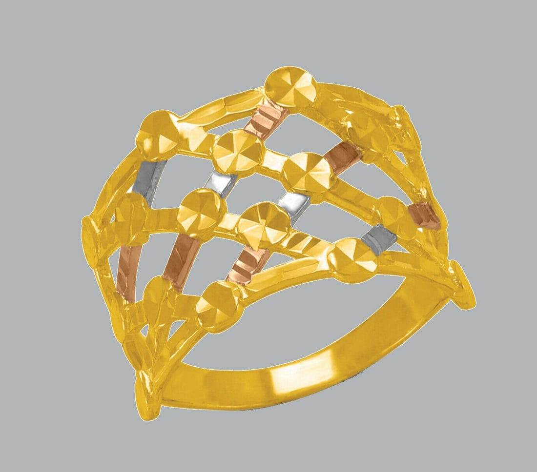 14K TRI COLOR GOLD LADIES FANCY RING COCKTAIL: NEW 14K TRI COLOR GOLD RING New 14K Tri color solid gold ring Ring size 7 Measures 15mm wide in front Polished Finish Apx Weight: 3.1g
