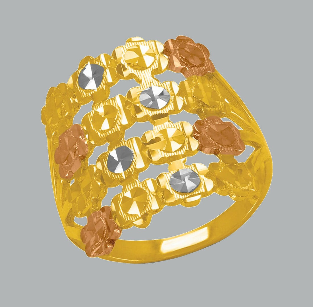 14K TRI COLOR GOLD LADIES FANCY RING COCKTAIL: NEW 14K TRI COLOR GOLD RING New 14K Tri color solid gold ring Ring size 7 Measures 19.5mm wide in front Polished Finish Apx Weight: 4g