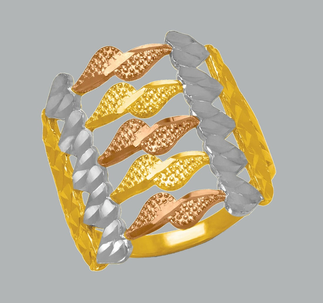 14K TRI COLOR GOLD LADIES FANCY RING COCKTAIL: NEW 14K TRI COLOR GOLD RING New 14K Tri color solid gold ring Ring size 7 Measures 20mm wide in front Polished Finish Apx Weight: 3.5g