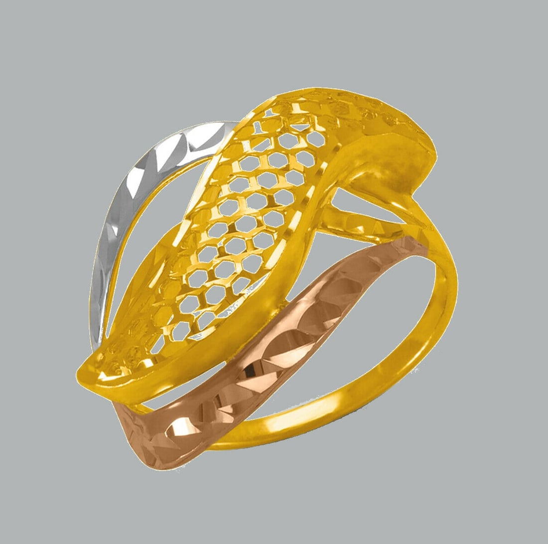 NEW 14K TRI COLOR GOLD LADIES FANCY RING COCKTAIL: NEW 14K TRI COLOR GOLD RINGNew 14K Tri color solid gold ringRing size 7Measures 18.5mm wide in frontPolished FinishApx Weight: 2.3g
