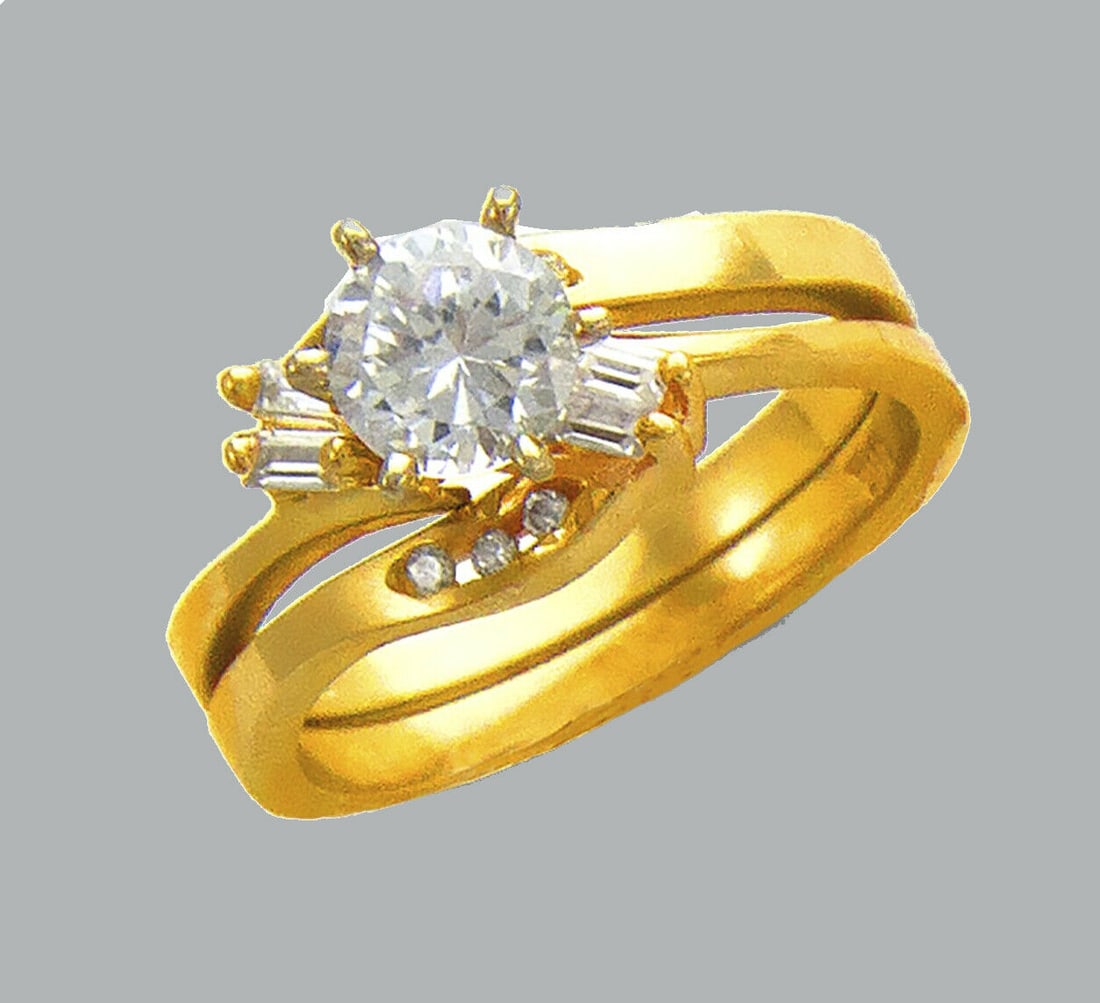 14K YELLOW GOLD LADIES CZ ENGAGEMENT RING MATCHING BAND: NEW 14K YELLOW GOLD CZ RINGSNew 14K Yellow solid gold rings2 RingsRing size 7Measures, 4mm wide bandCubic Zirconia Polished Finish Apx Weight: 6g