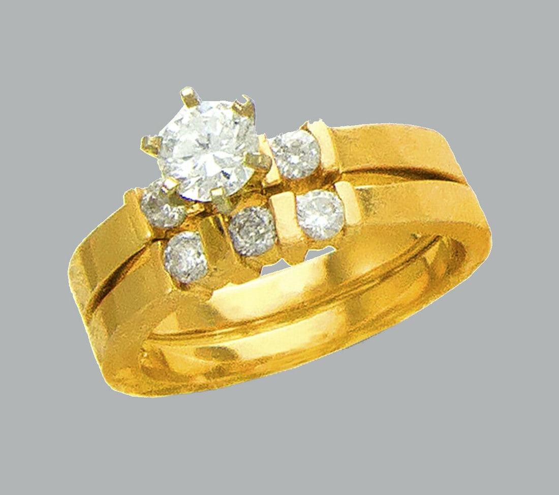 14K YELLOW GOLD LADIES CZ ENGAGEMENT RING MATCHING BAND: NEW 14K YELLOW GOLD CZ RINGSNew 14K Yellow solid gold rings2 RingsRing size 7Measures, 3mm wide bandCubic Zirconia Polished Finish Apx Weight: 7.3g