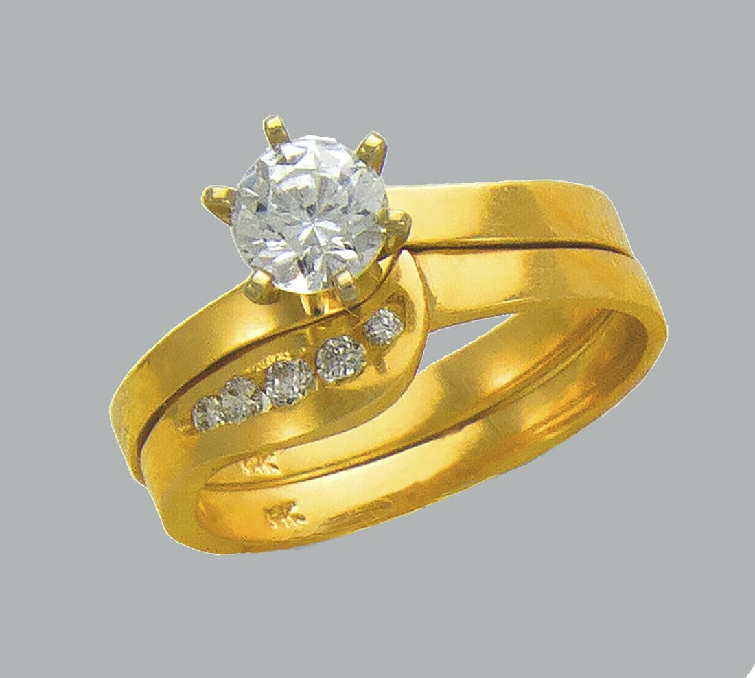 14K YELLOW GOLD LADIES CZ ENGAGEMENT RING MATCHING BAND (1 of 1)