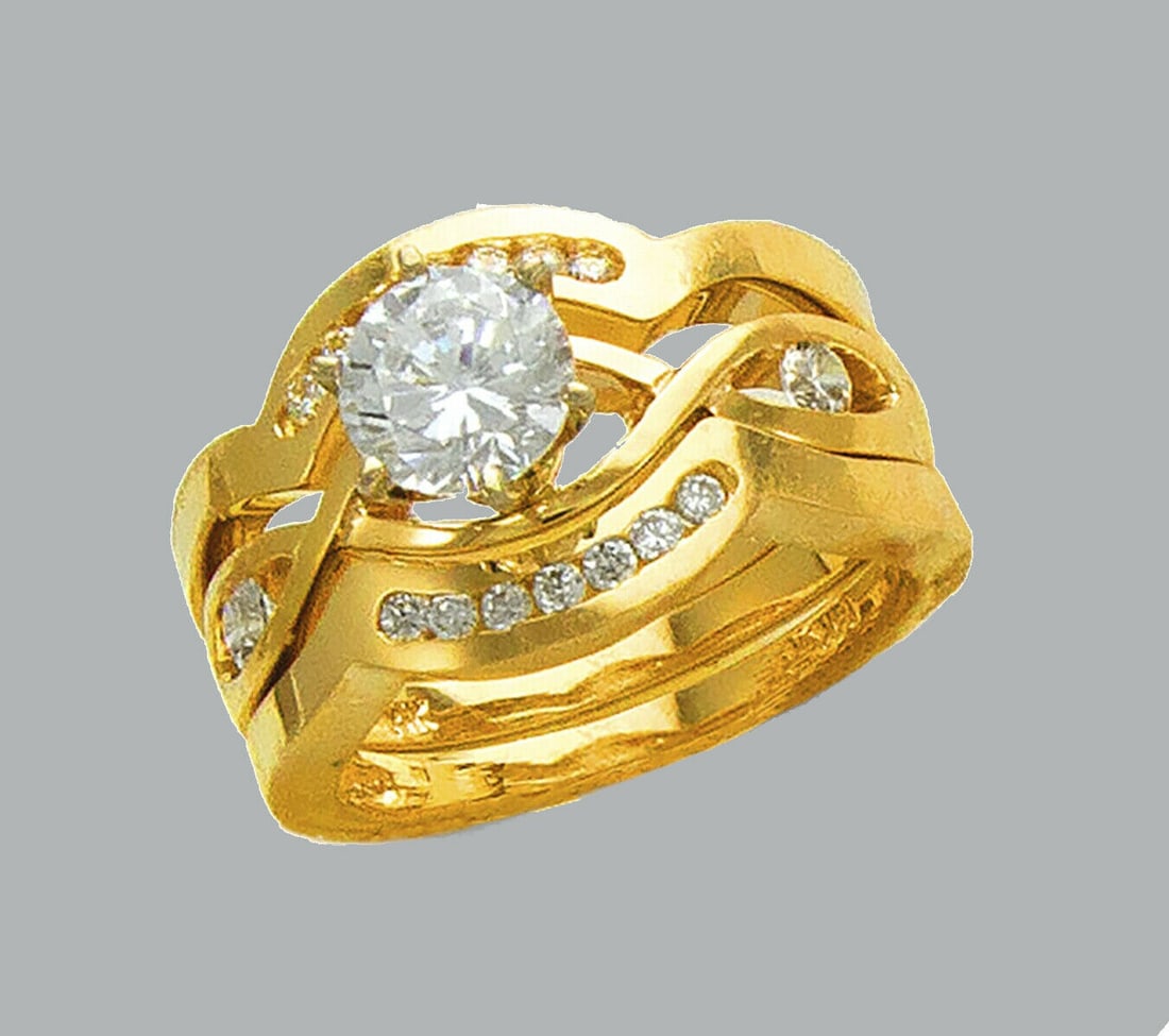 14K YELLOW GOLD CZ ENGAGEMENT RING 2 MATCHING BANDS (1 of 1)