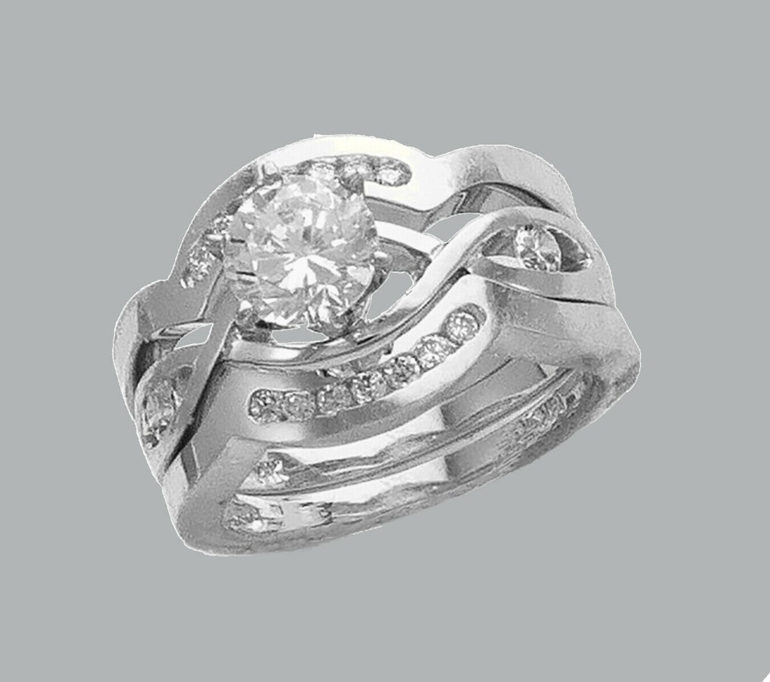 14K WHITE GOLD CZ ENGAGEMENT RING 2 MATCHING BANDS (1 of 1)