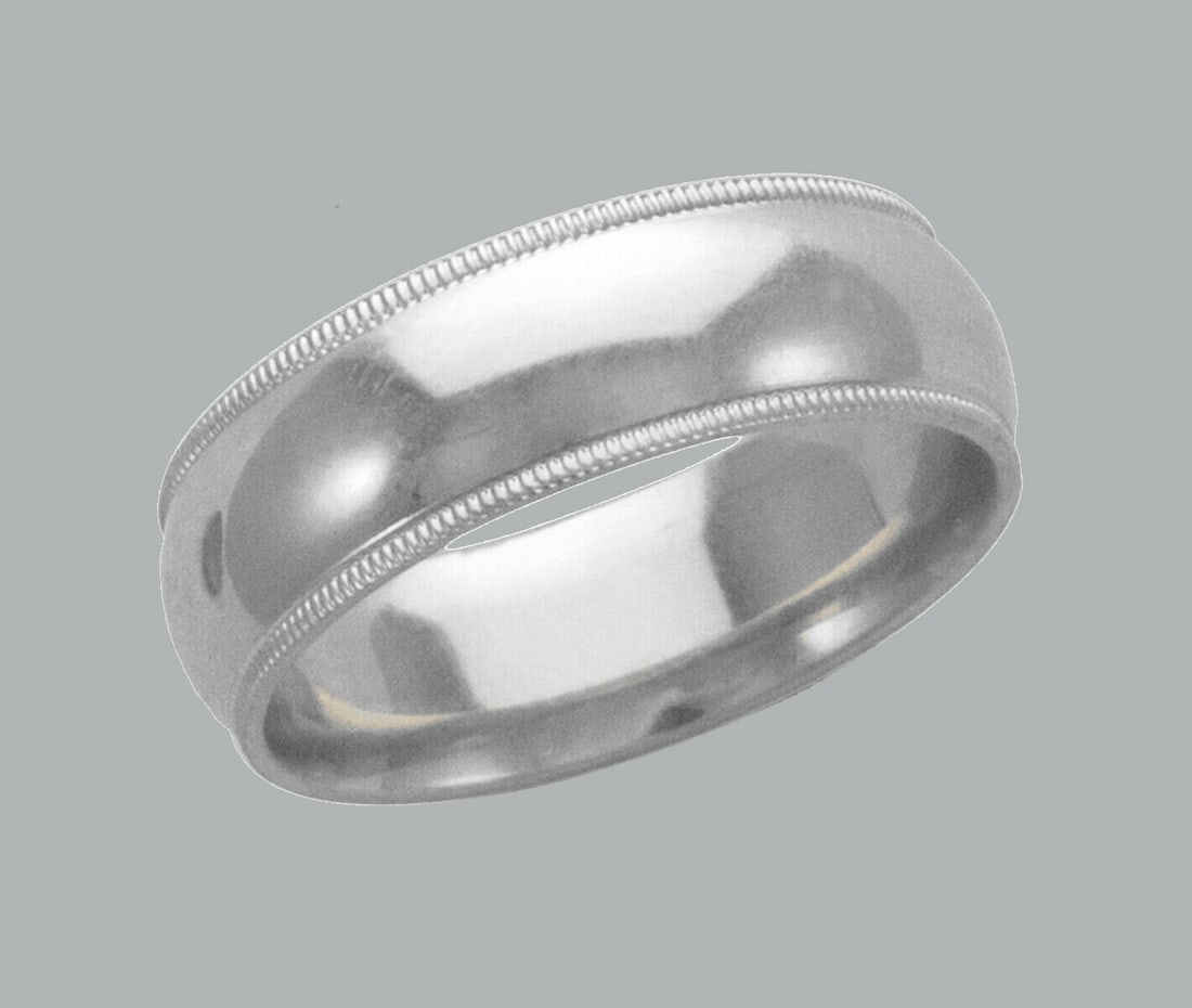 14K W/GOLD MILLIGRAIN WEDDING BAND RING COMFORT FIT 7mm: NEW 14K WHITE GOLD MENS MILLIGRAIN WEDDING COMFORT BAND RING If you want a different size, please let us know Band measures 7mm wide 14K Solid white gold (not hollow or plated) Comfort fit Wedding ban