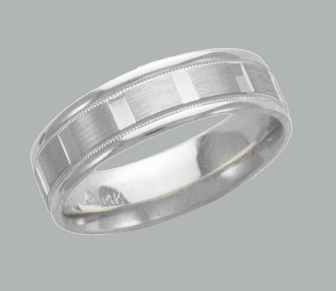 14K W/ GOLD WEDDING BAND RING COMFORT SATIN 6mm SIZE 11: NEW 14K WHITE GOLD WEDDING COMFORT BAND RING If you want a different size please let us know Band measures 6mm wide 14K Solid White gold milligrain band (not hollow or plated) Comfort fit Wedding band