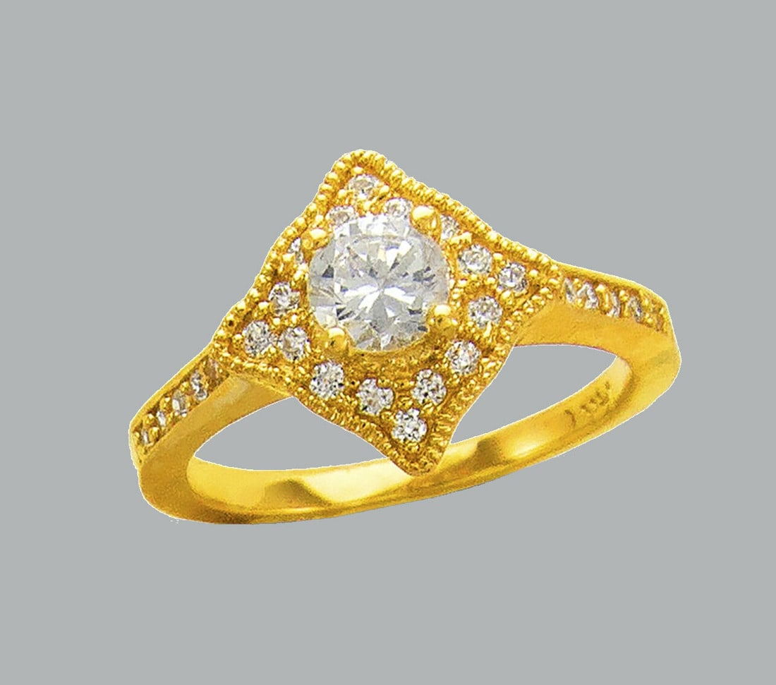 14K YELLOW GOLD LADIES FANCY CZ ENGAGEMENT RING: NEW 14K YELLOW GOLD CZ RING New 14K Yellow solid gold ring Ring size 7 Measures 12mm Wide Cubic Zirconia Polished Finish Apx Weight: 4g