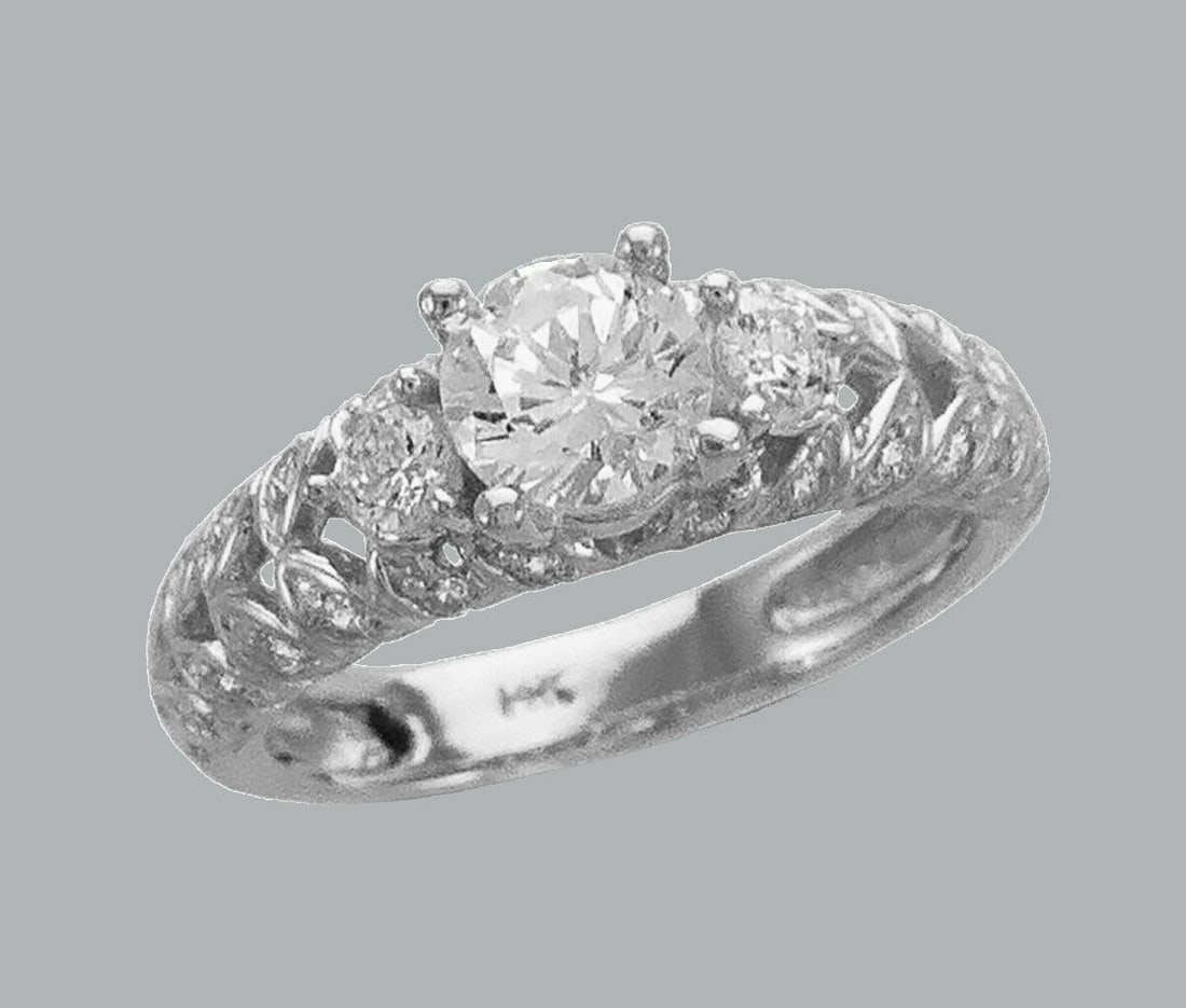 NEW 14K WHITE GOLD LADIES FANCY CZ ENGAGEMENT RING: NEW 14K WHITE GOLD CZ RING New 14K White solid gold ring Ring size 7 Measures 6mm Wide on top Cubic Zirconia Polished Finish Apx Weight: 4.5g