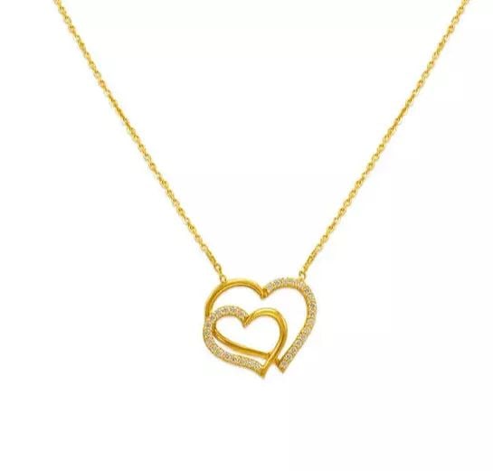 NEW 14K YELLOW GOLD FANCY DOUBLE HEART CZ NECKLACE (1 of 2)