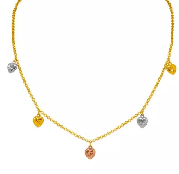 NEW 14K TRI COLOR GOLD CHARM NECKLACE: NEW 14K TRI COLOR GOLD CHARM NECKLACE 14K Tricolor Gold Approx. 2.2mm Link Approx. 10mm Charm High Polished/Diamond Cut Lobster Lock Weight: 4.3 Grams