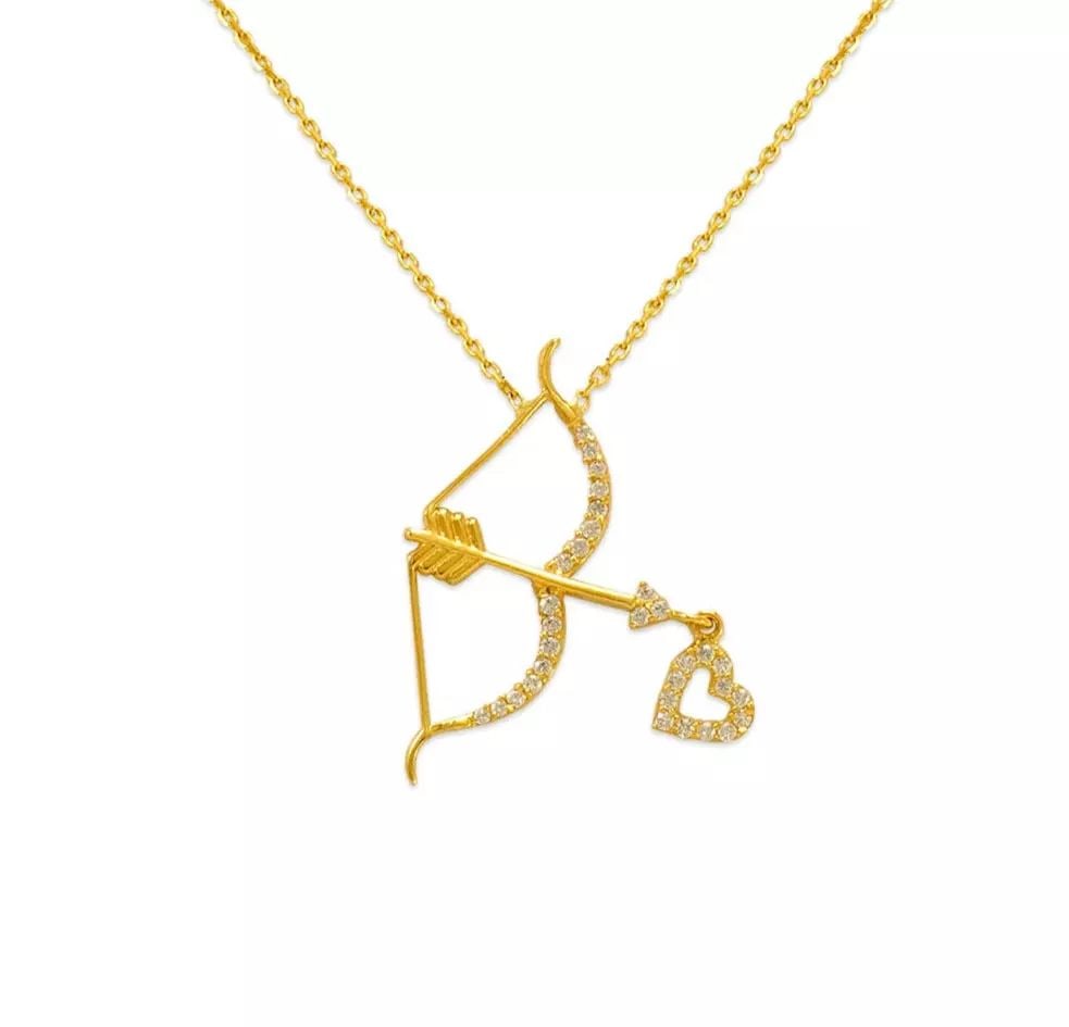 NEW 14K YELLOW GOLD FANCY CUPID'S BOW AND ARROW CZ NECKLACE: NEW 14K YELLOW GOLD FANCY CUPID'S BOW AND ARROW CZ NECKLACE 14K Yellow Gold Approx. 19x27mm Pendant High Polished/Cubic Zirconia Spring Lock Weight: 2.1 Grams