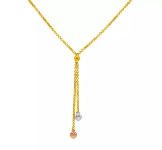 NEW 14K TRI COLOR GOLD CHARM NECKLACE: NEW 14K TRI COLOR GOLD CHARM NECKLACE 14K Tricolor Gold Approx. 2.2mm Link Approx. 8.5mm Charm High Polished/Diamond Cut Lobster Lock Weight: 3.6 Grams