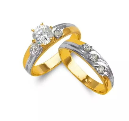 NEW 14K TWO TONE GOLD LADIES WEDDING TRIO CZ SET (1 of 2)