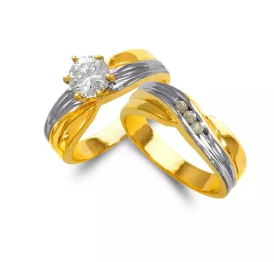 NEW 14K TWO TONE GOLD LADIES WEDDING TRIO CZ BAND (1 of 2)